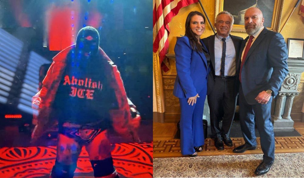 On the left, Brody King enters Arena Mexico in an “ABOLISH ICE” shirt. On the right, HHH and Stehphanie McMahon get cozy with Pestilence, or, as he’s more commonly known, RFK Jr.