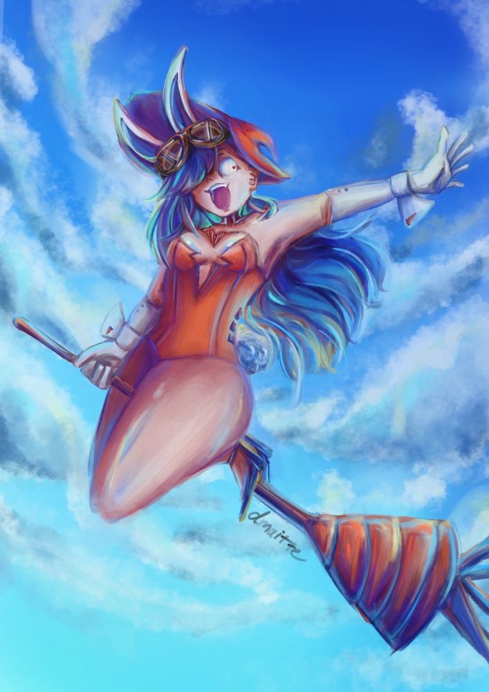 A digital drawing of my OC Carrots. It is halloween themed - she wears a floppy witch hat and carrot broom stick. She is flying through daylight skies with a happy expression. 