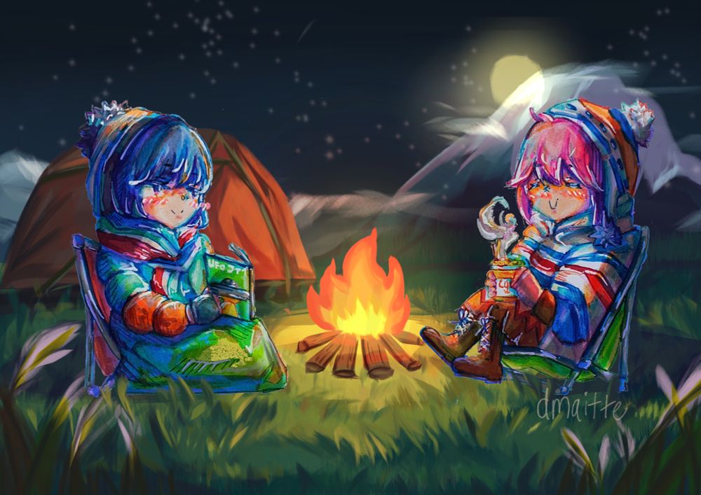 A traditional drawing of Rin and Nadeshiko from Yuru Camp. They are stylised in chibi form, and sit facing each other on camping chairs with a campfire between them. It is nightime. Rin is reading a book contently and Nadeshiko is happily eating cup noodles