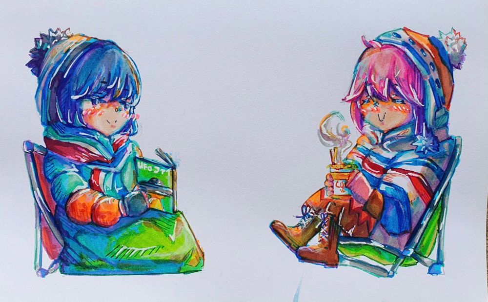 A traditional drawing of Rin and Nadeshiko from Yuru Camp. They are stylised in chibi form, and sit facing each other on camping chairs. Rin is reading a book contently and Nadeshiko is happily eating cup noodles 