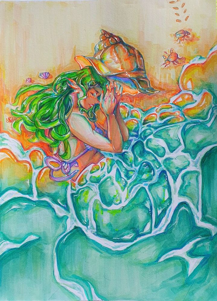 A traditional drawing of a mermaid sleeping on a shoreline. The mermaid has green seaweed hair, a conch shell hat and a tail made of water bubbles. The tail is camouflaged into the shoreline waves. 