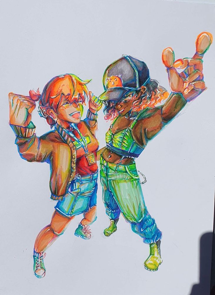 A traditional drawing of two of my OCs. They are in top down perspective which is slightly foreshortened and looking up, wearing casual clothing posing happily.