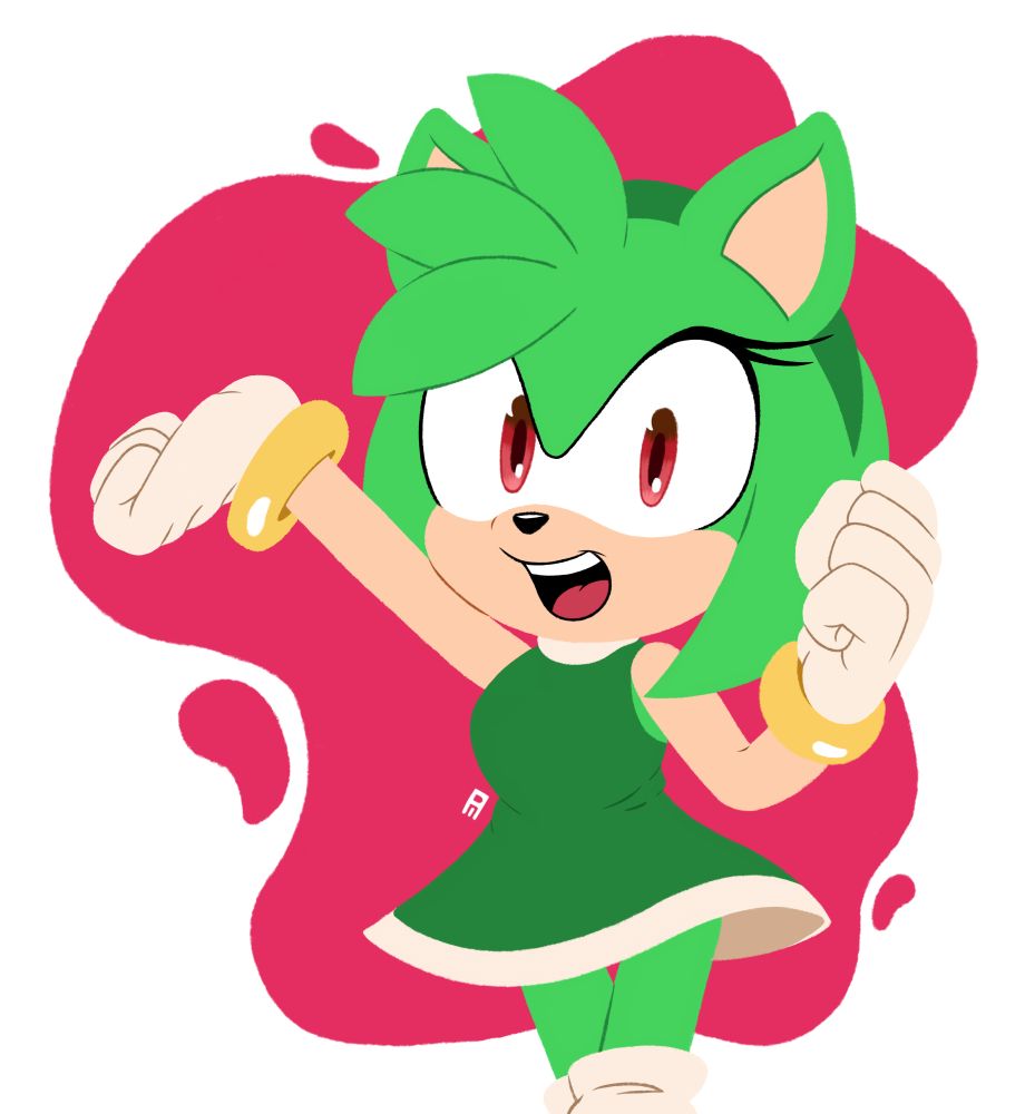 A green version of Amy Rose striking a pose with one arm outstretched to the side and the other bent while looking at the viewer.