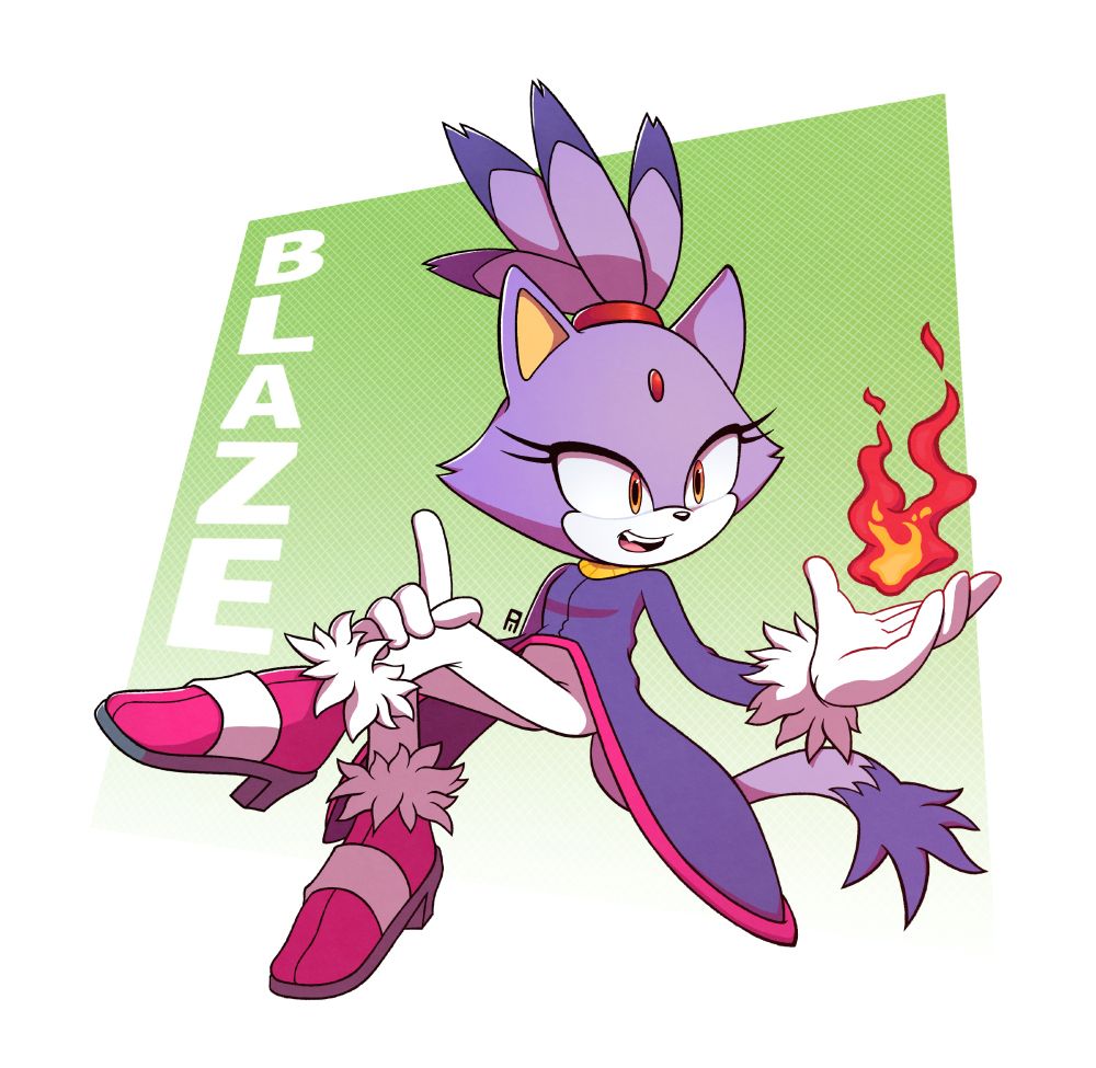 Blaze the Cat striking a pose with one arm outstretched to the side while a flame burns from the palm of her hand.