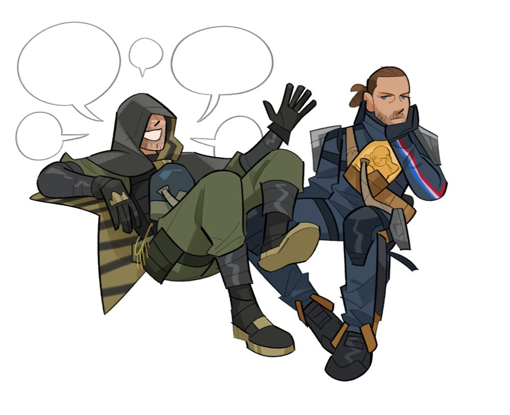 A drawing of Higgs and Sam from Death Stranding. Higgs is leaned back, talking animatedly and gesturing. His leg is hooked over Sam's, who is sitting next to him and looking directly into the camera like he's on The Office.