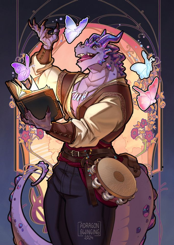 Art Nouveau inspired card of an amethyst gem dragonborn. He holds a book open and is dramatically telling a story. The book is glowing with magic, and four colorful ethereal butterflies fly from it.