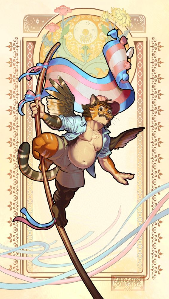 Colored picture of a chubby anthropomorphic cat, standing on a bending flagpole bearing the transgender flag. The cat wears a cap, an open blue shirt proudly showing his belly and top surgery scars, and a short. He also has a pair of wings spread out in the back, making him look like a tressym. The background shows a mix of geometric patterns, and a trio of stylized flowers in a halo : poppy, dandelion, and sunflower.