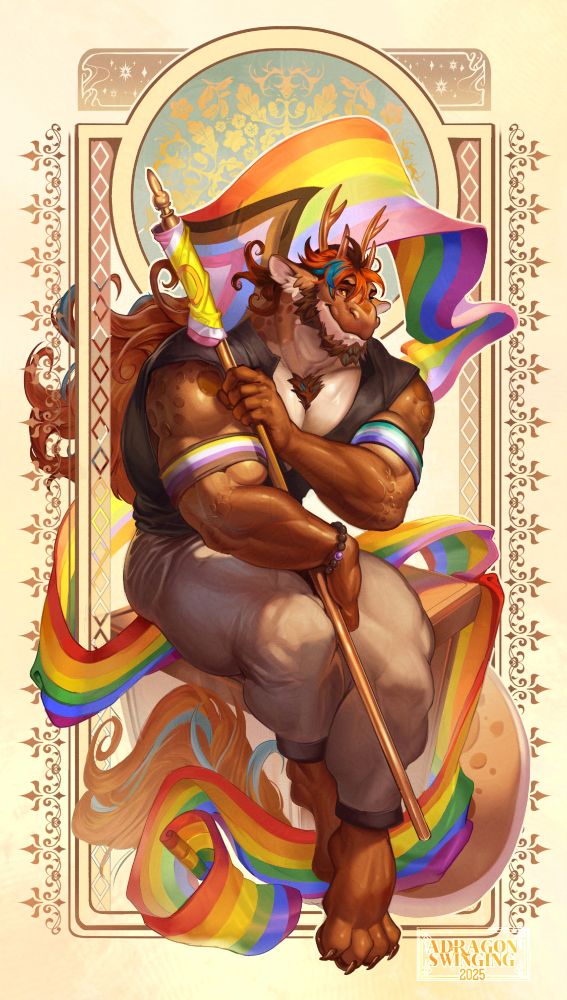Painted picture in an Art Nouveau style. Anthro dragon sona is sitting , holding a flag pole between his arms bearing the progress pride flag, which swirls around him. He looks at the camera with a melancholic mood, but smiles almost timidly. Behind him, there are flowery patterns.