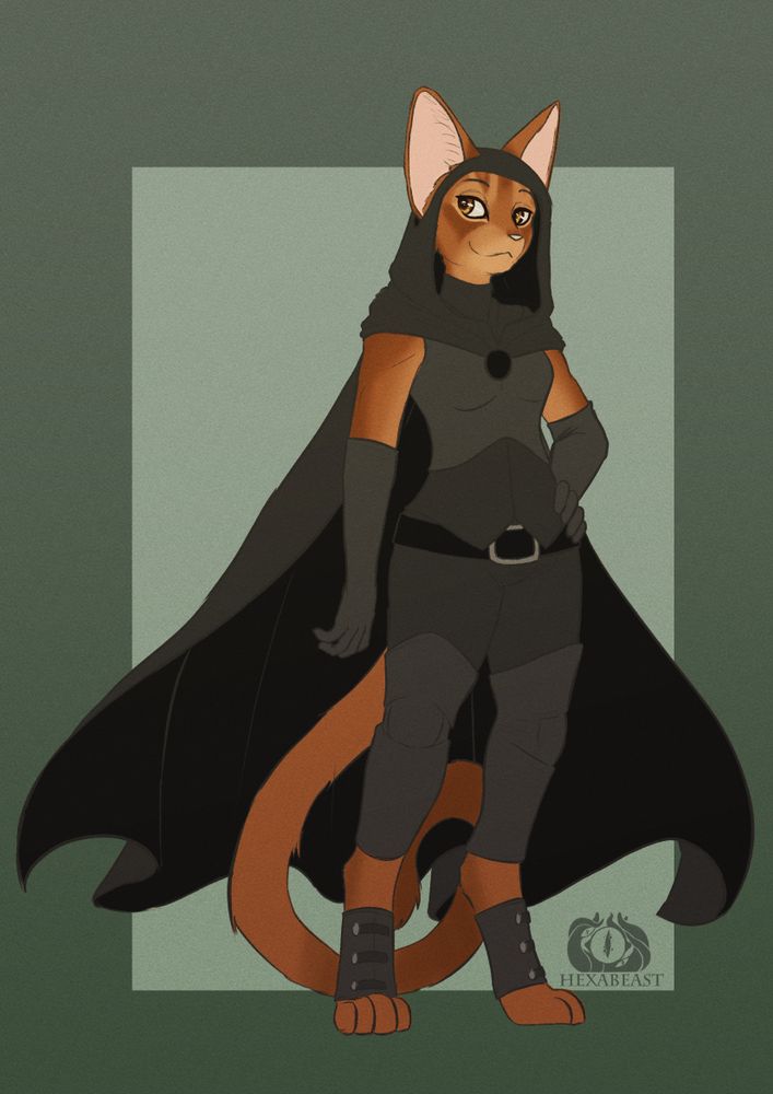A digital drawing of a tabaxi from D&D. Her fur is a sienna color with lighter brown markings. She wears a rogues outfit, complete with a black cape. She stands with one hand on her hip and is smiling at the viewer.