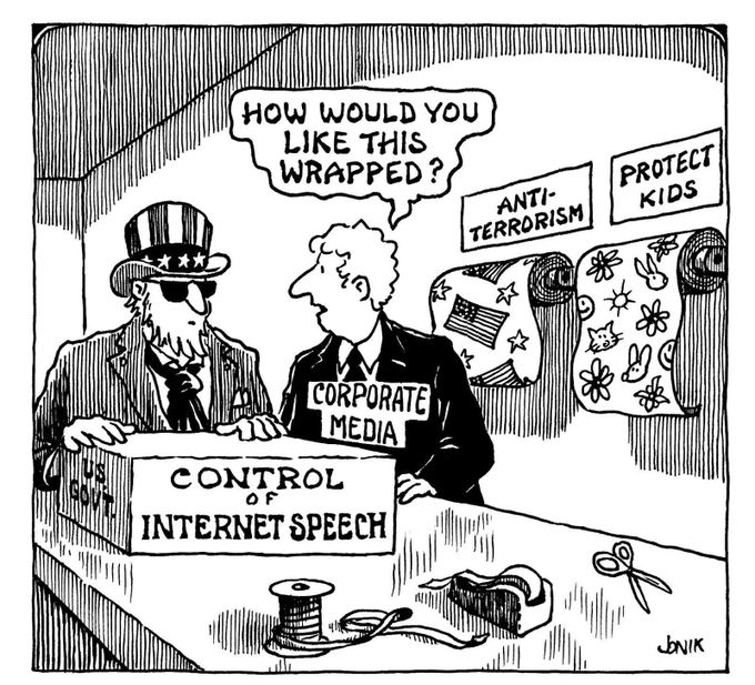 Cartoon with corporate media asking U.S. Government how it would like "Control of Internet Speech" wrapped: Anti-terrorism or protect kids