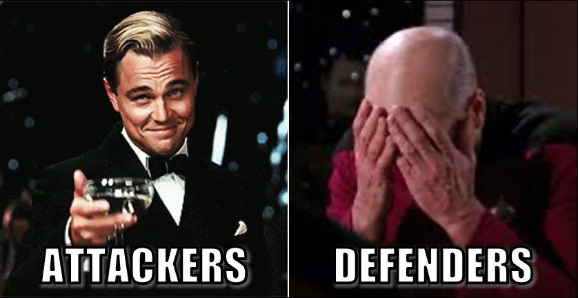 Attackers celebrate, defenders face palm.
