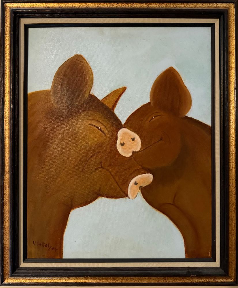Painting of a big pig and a smaller pig who love each other very much