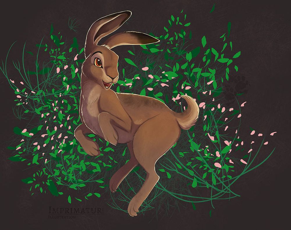 A painted hare mid-jump against an abstract floral background.