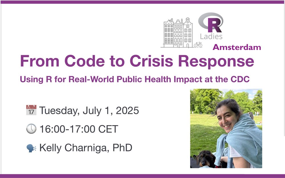 R-Ladies Amsterdam event flyer for "From Code to Crisis Response: Using R for Real-World Public Health Impact at the CDC" presented by Kelly Charniga, PhD. The event is scheduled for Tuesday, July 1, 2025 from 16:00-17:00 CET. The flyer features the R-Ladies Amsterdam logo with illustrated Dutch buildings and a bicycle, and includes a photo of the smiling presenter wearing a light blue hoodie outdoors with a small dark dog.