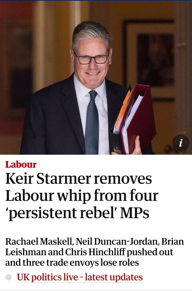 Headline: Keir Starmer removes Labour whip from four persistent rebel MPs