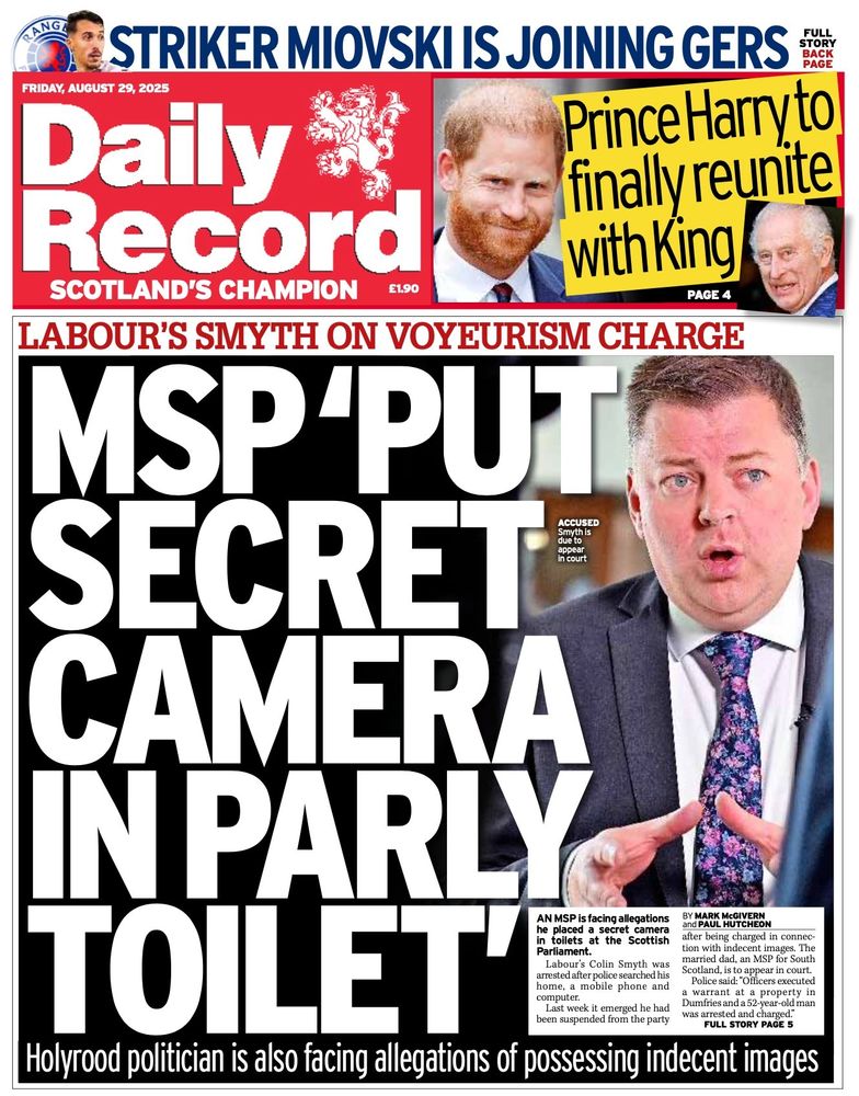 Daily record headline: MSP "put secret camera in parky toilet", with photo of Labour MSP Colin Smyth
