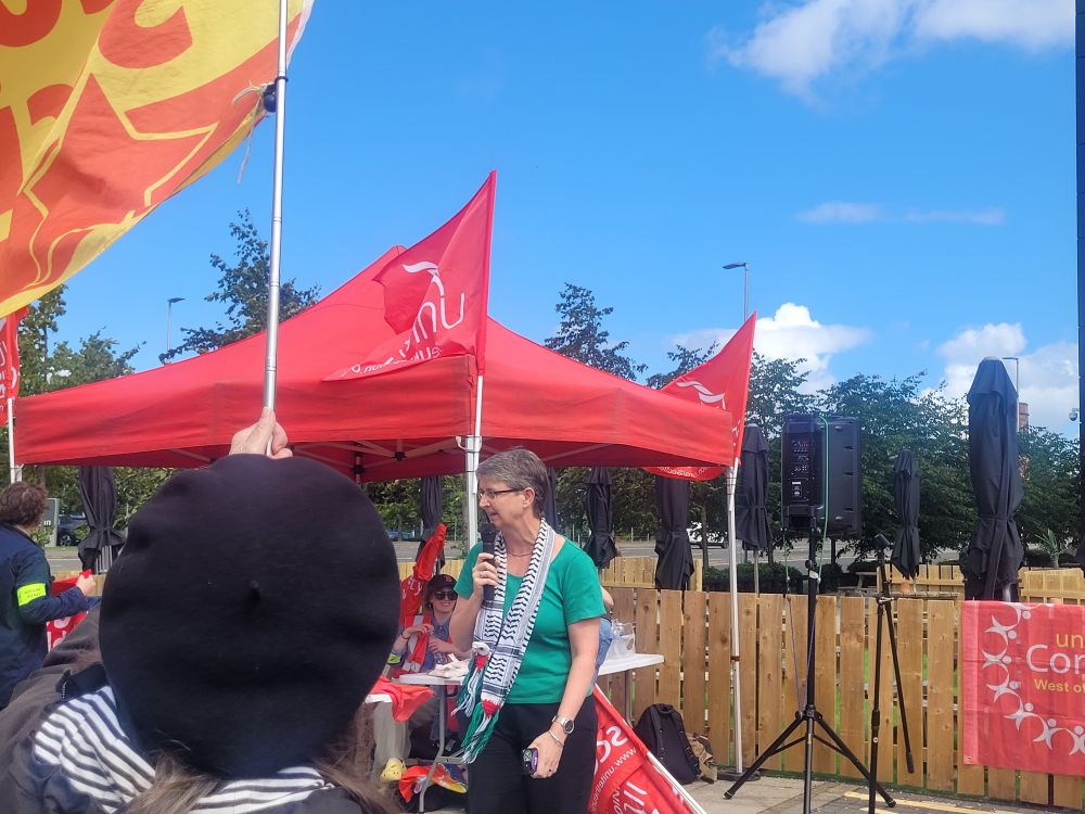 Green MSP Maggie Chapmam addresses the growd at the picket.