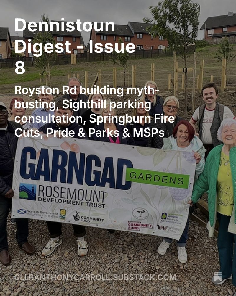 Background photo of people in Royston smiling with a banner that says Garngad Garden, with text over for Dennistoun Digest issue 8