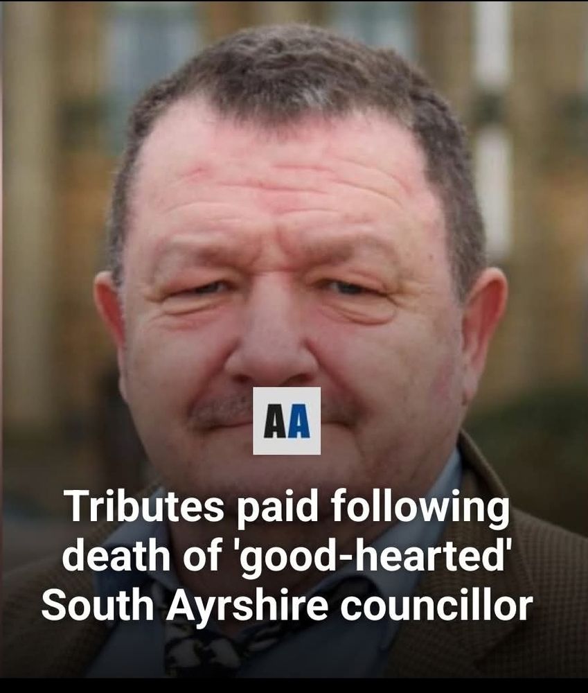 Mark Dixon profile with text on top saying tributes paid following fwath of "good-hearted" South Ayrshire councillo"