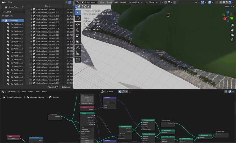 WIP screenshot showing Blender's geometry nodes workspace, with a crater (a deforming mesh) having bits of matching ground debris mapped to it via a geometry node step-up. 