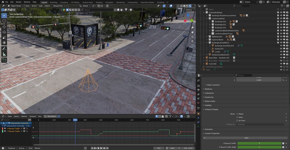 Screenshot of Blender's 3d viewport, showing an empty in the middle of an intersection. The empty has a pair of properties for the states of traffic flowing in the x and y direction, which are both animated to represent the appropriate traffic light sequence. 