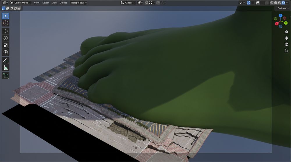 WIP Blender viewport screenshot showing the previous scene viewed from above (the street and intersection on the right side of the screen have yet to be worked on). 