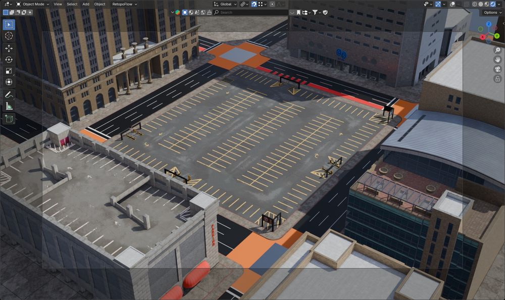 Screenshot of Blender viewport showing the outdoor car park/parking lot from the previous update now surrounded by some new custom buildings.