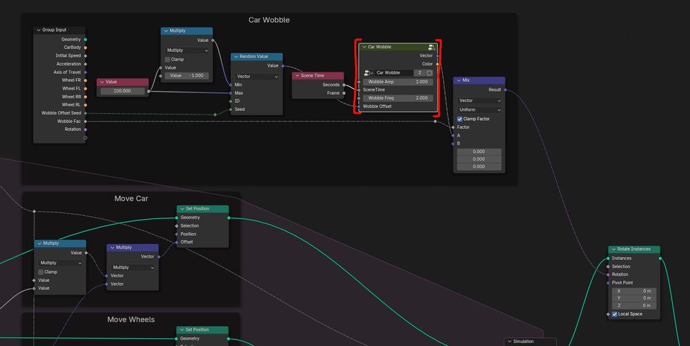 The part of the geo-node setup that handles the car shaking while moving and coming to a stop. One node groups is highlight in red and is opened up to view in the next image.