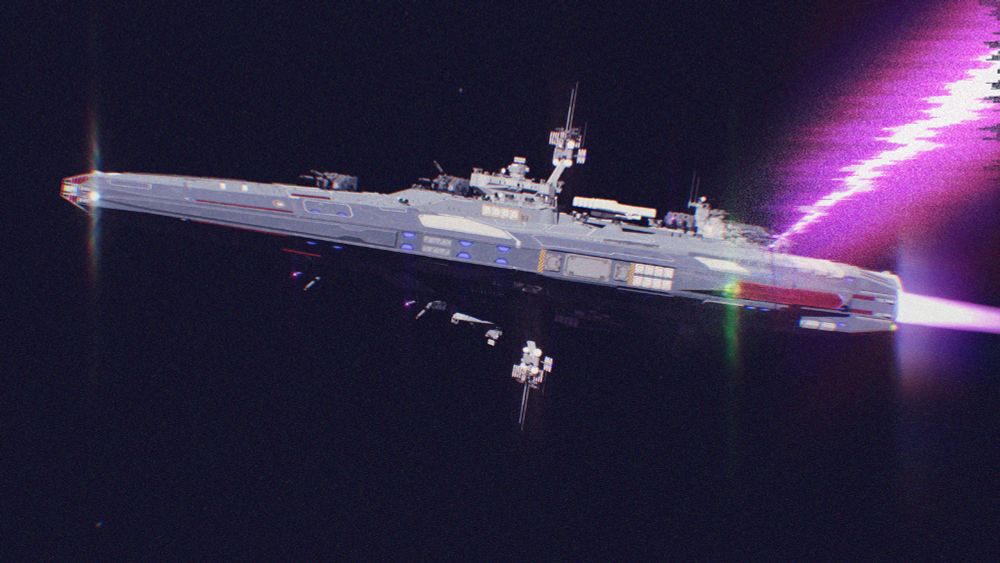 A still image of a starship firing its aft particle beam at a target, with visible tearing and noise from the camera suffering radiation damage as the beam passes close by.