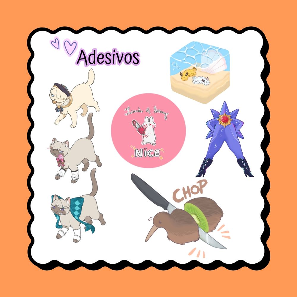 À esquerda, três adesivos um em cima do outro, sendo que o primeiro de cima para baixo é a versão gato de Freminet (genshin impact), que carrega em sua boca um componente de alguma máquina, e está vestido com uma boina e uma gola. Abaixo dele está a versão gato de Liney, que carrega uma flor em sua boca, e está vestido com mangas brancas sobra suas patas. Abaixo e por último está Lynette, que carrega uma colher em sua boca, e está vestida com um laço azul gigante, e mangas sobre suas patas. 
No centro está um adesivo redondo rosa, com um coelho branco ensanguentado que carrega uma motosserra, e em volta dele está escrito "Tired of being nice", e o "nice" está rodeado por brilhinhos.
Mais acima à direita, há um adesivo que imita um cubo de vidro com água do oceano dentro, e sobre a areia do mar estão duas lesmas marinhas, e uma concha rosa.
Logo abaixo está o pokémon starmie, em sua versão de mega evolução, porém numa mistura de Patrick Estrela do Bob Esponja, com grandes pernas vestindo meias arrastão.
Abaixo, um pássaro kiwi com cara apreensiva, sendo cortado ao meio por uma faca de jantar, mas seu interior revela ser de uma fruta kiwi. Acima o texto "chop".