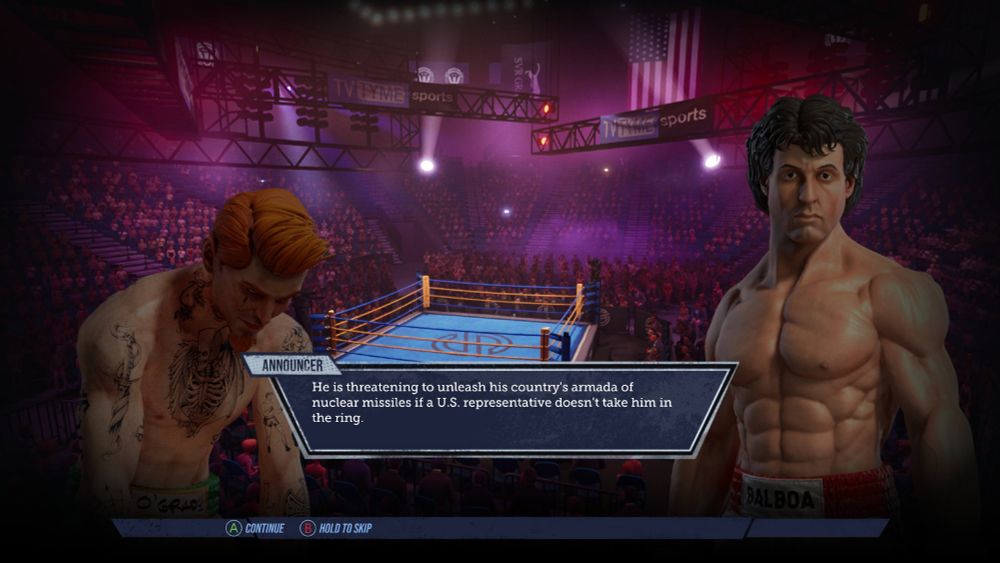 Screenshot from Big Rumble Boxing: Creed Champions in which the player is informed of a nuclear attack.