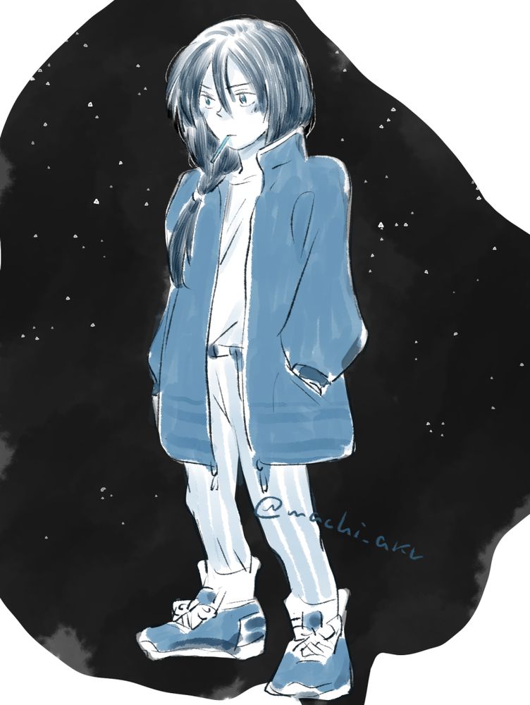 星旅少年より、505。棒つきキャンディを口に入れ、コートのポケットに手を入れて前をみつめています。