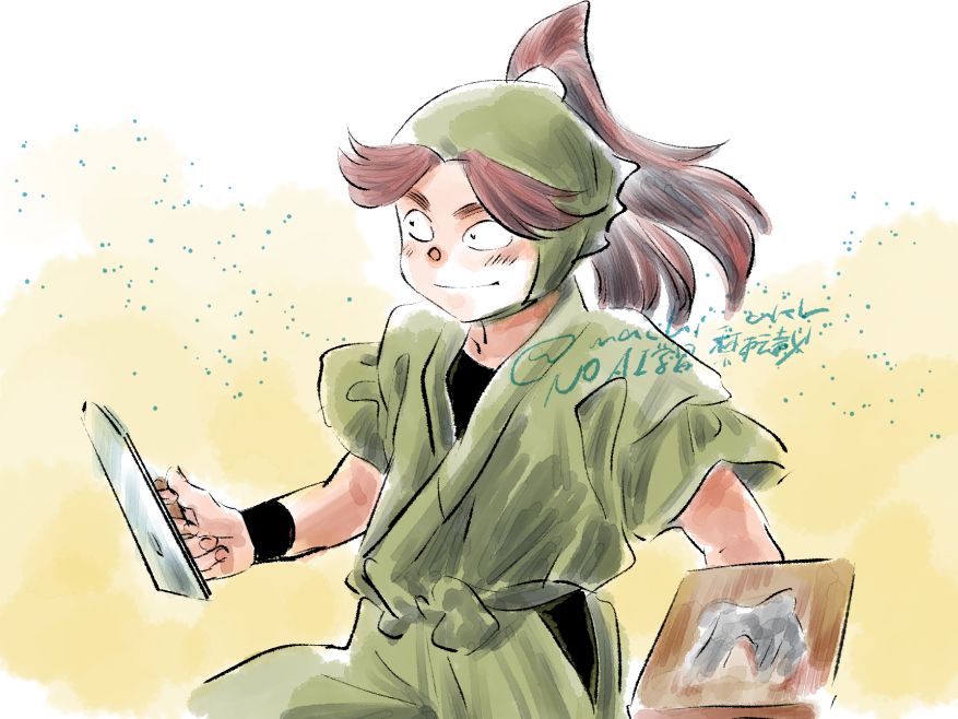 落第忍者乱太郎（忍たま乱太郎）より、三年生の富松作兵衛のファンアート。土壁を塗るところで、左手に練った泥を載せたコテ板、右手にコテを持っています。三年生の明るい緑の忍服の両袖をまくり上げ、やる気を出しているようです。表情は凛々しく微笑んでいます。