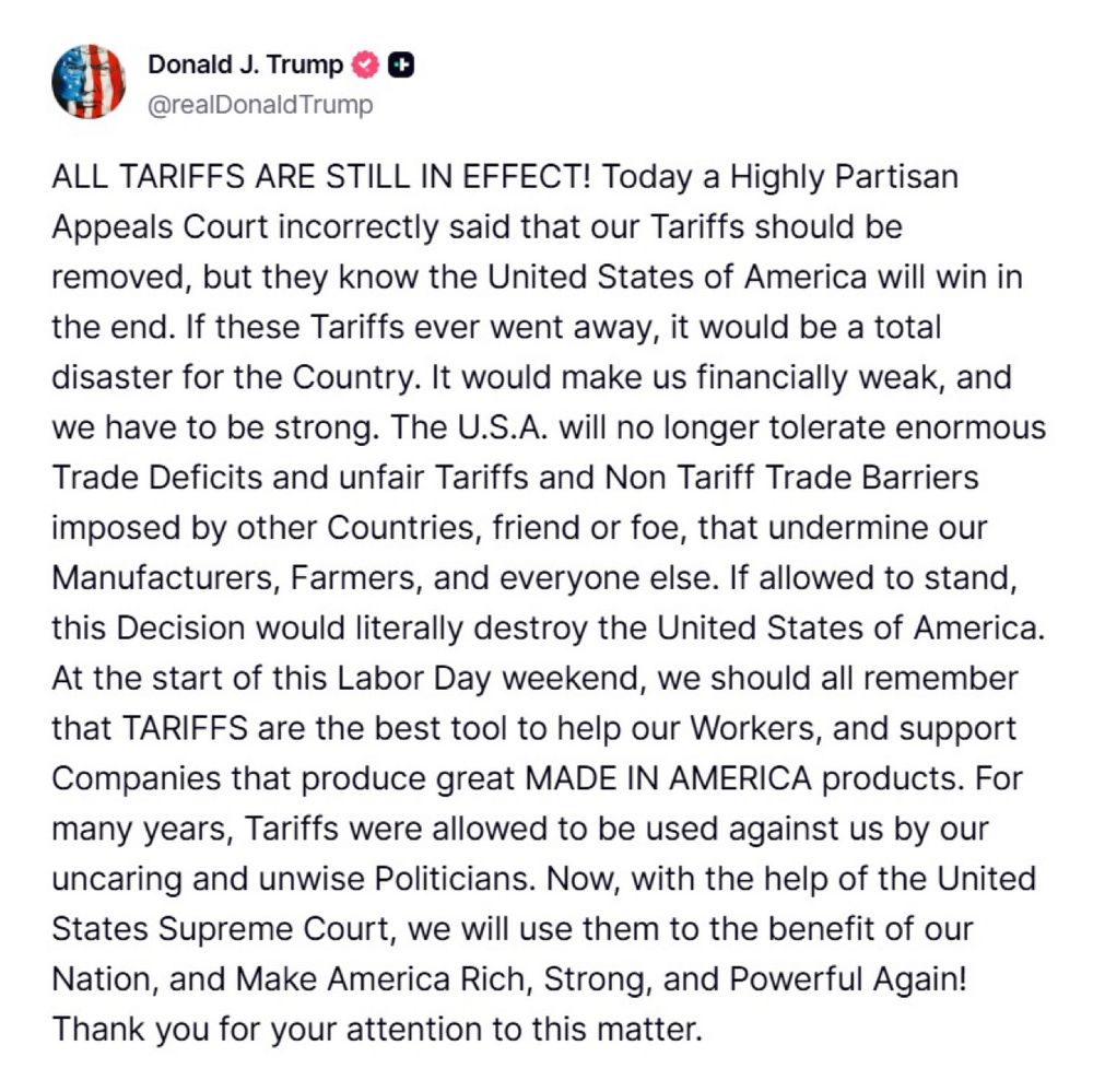 A Trump Truth Social post praising tariffs and the Supreme Court, which will surely see things Trump’s way, he says. 