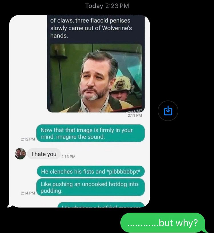 <MY FRIEND, SENDING ME A MEME OF TED CRUZ IN A YELLOW AND BLACK JACKET LIKE HE’S THE WOLVERINE BUT INSTEAD OF CLAWS HE HAS PENIS FINGERS LIKE JAMIE LEE CURTIS’ HOTDOG FINGERS IN EVERYTHING EVERYWHERE ALL AT ONCE>

my response: “…………but why?”