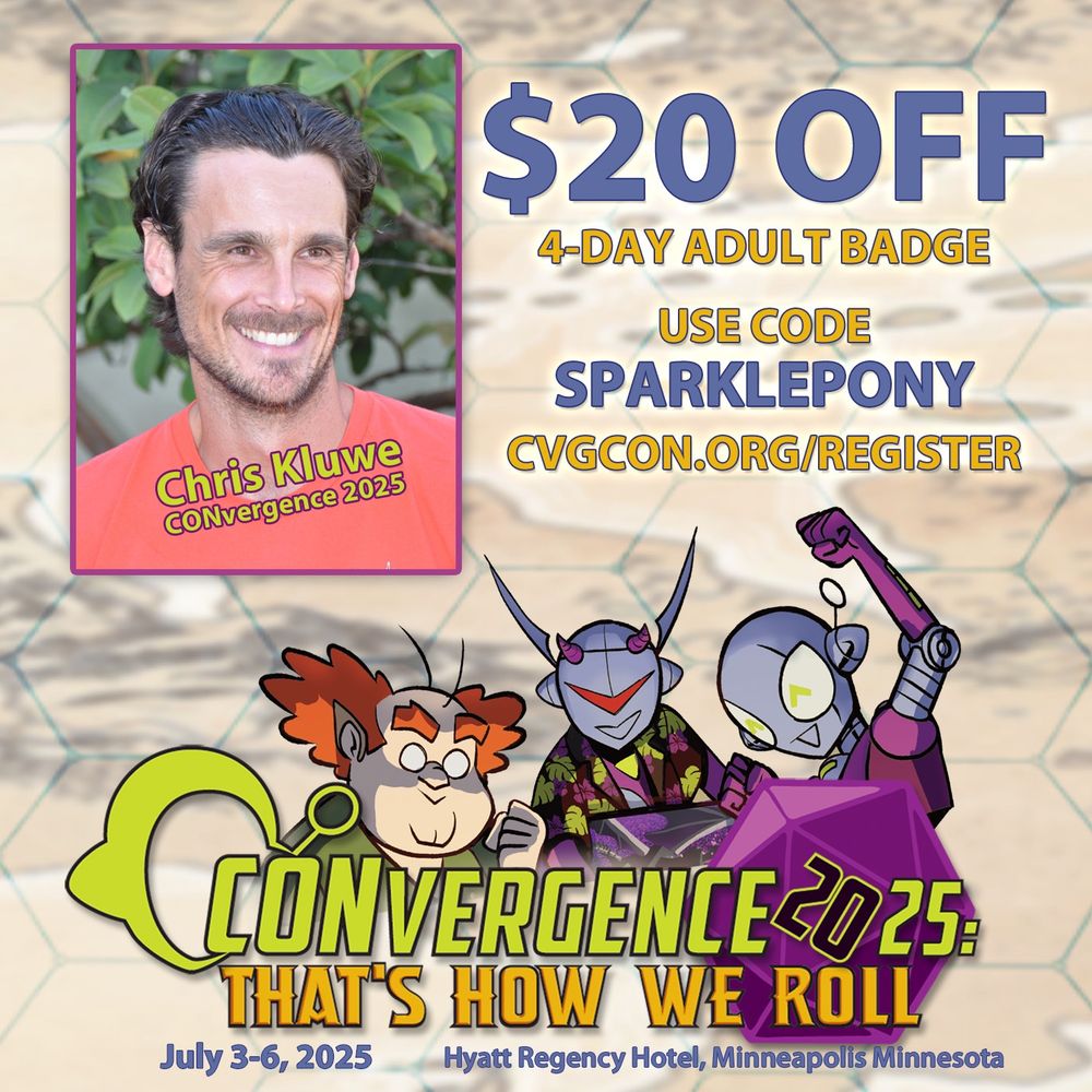 A picture of me and a discount code for $20 off a four day adult pass for CONvergence, with the code “SPARKLEPONY”