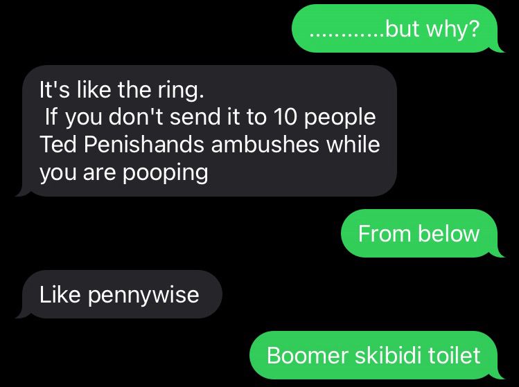 <CONTINUATION FROM FIRST POST>

me: “………..but why?”

MY FRIEND: “It’s like the ring. If you don’t send it to 10 people, Ted Penishands ambushes while you are pooping”

me: “From below”

MY FRIEND: “Like Pennywise”

me: “Boomer skibidi toilet”