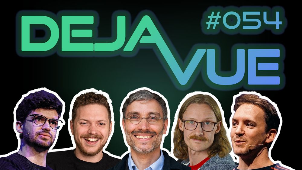 The thumbnail of DejaVue episode 54 showing the headshots for guests and hosts: Rijk, Alex, Chad, Michael and Daniel (from left to right)