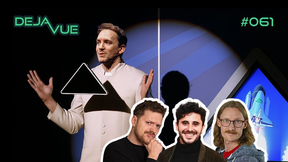DejaVue Episode 061 thumbnail inspired by Jim Halperts "The Pyramid" speech in the office. Daniel Roe in white formal clothes showing a black triangle, while Alex, Sebastien and Michael watch at the bottom.