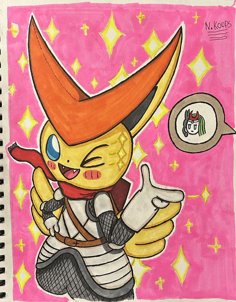 Victor the Paladin Victini trying to "rizz" Bard Meloetta to a not so successful result 