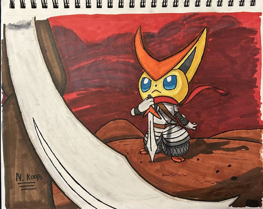 Victor the Paladin Victini, holding his own against some unknown enemy.