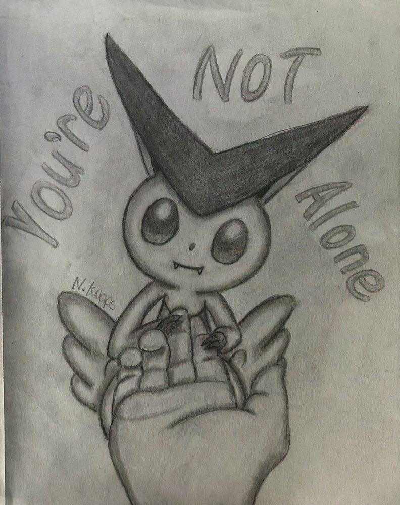 A Victini holding the viewers hand with the words "You're not alone" in the background.