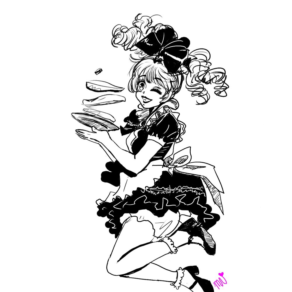 Doodle of a maid jumping up in the air and with a plate of pancakes