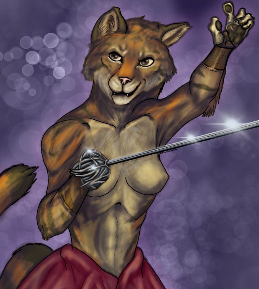 Ready for a topless duel til first blood a anthropomorphic feline lady wields a shining rapier with intertwining limbs motif on the hand guard. She’s muscular  