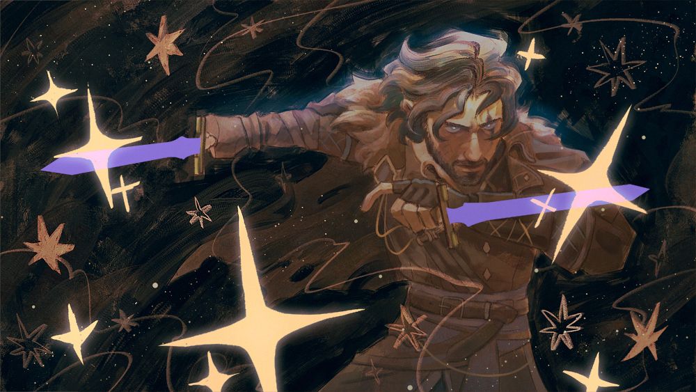 A digital illustration of the character Verso from the video game Clair Obscur: Expedition 33. The character is depicted waist up and staring straight ahead. He wields two purple blades and is surrounded by bright yellow, glowing star shapes.
