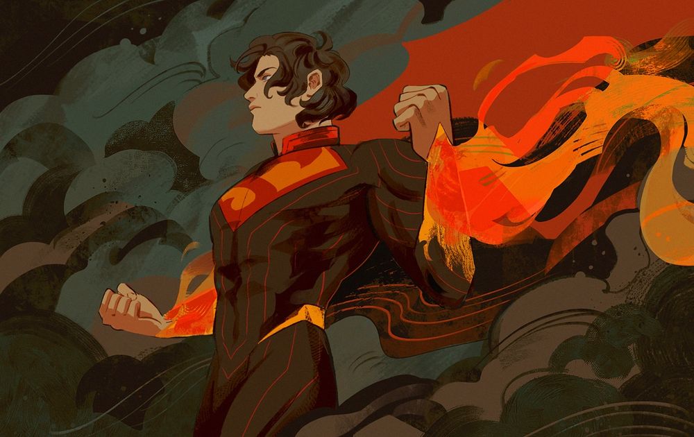 A digital illustration of the character Superman from DC's Absolute universe. He stands facing to the left, both arms bent upwards with his hands curled into fists. His cape and fire from his forearms billow behind him to the viewer's right. The background is plumes of smoke in a slate grey color palette.