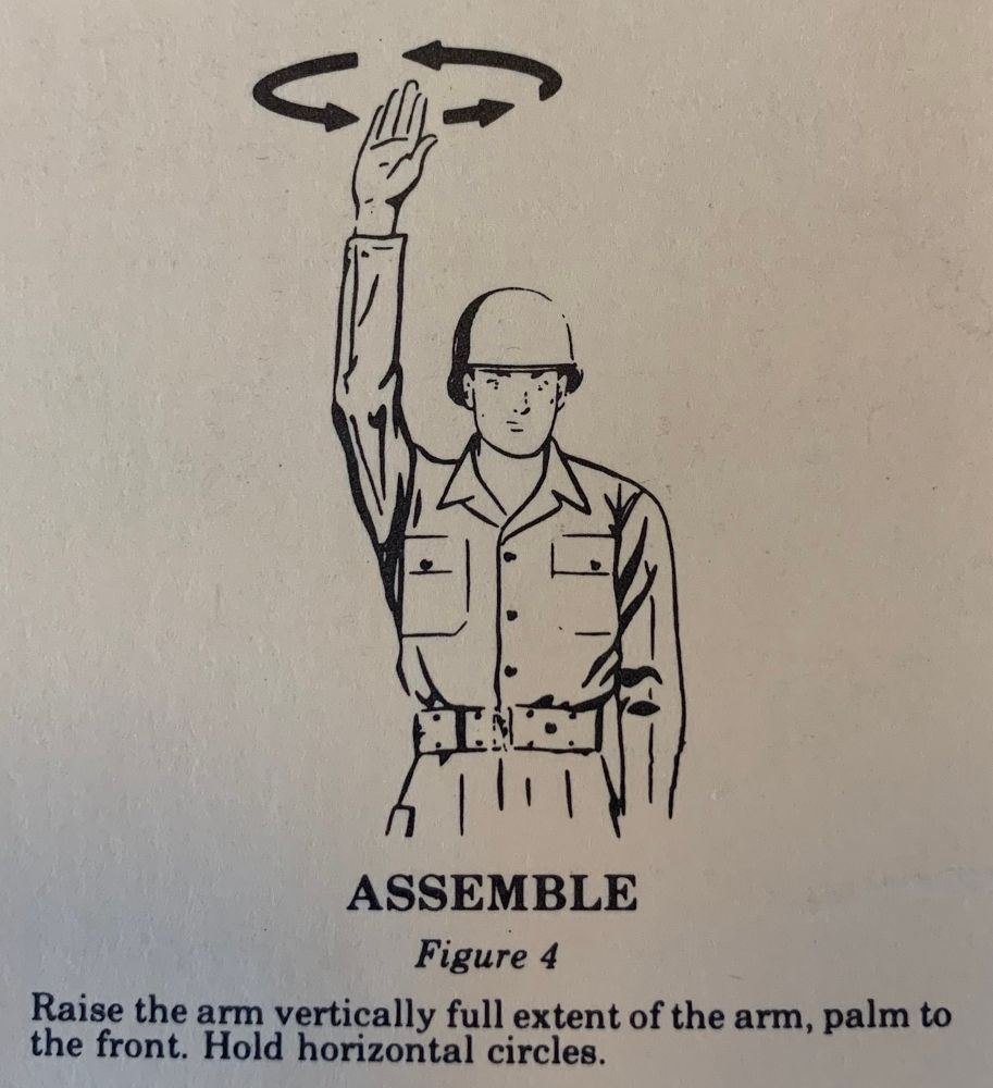 A drawing of a man with his right hand in the air, fingers pointed toward the sky with arrows, showing that he is moving it around in a circle. Below the man is the word assemble. He is doing the hand sign for assemble.