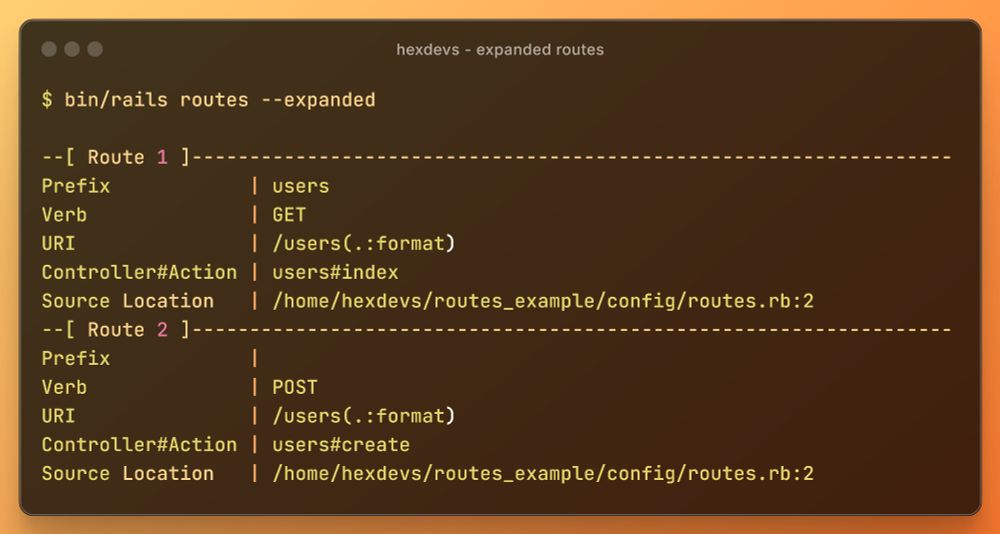 execution of the command `bin/rails routes --expanded` and its output: a table of routes containing detailed information in order.