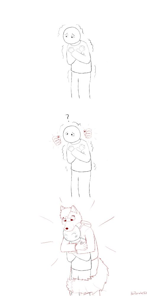 Comic with three panels. 
1. A guy is shivering and looking sad.
2. Paws appear behind the guy as he looks confused.
3. An anthropomorphic wolf appears to hug the guy from behind. He looks warm and happy.