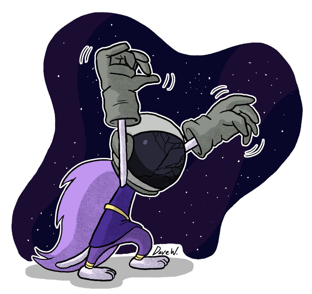 Comet being scary wearing an astronaut helmet and gloves